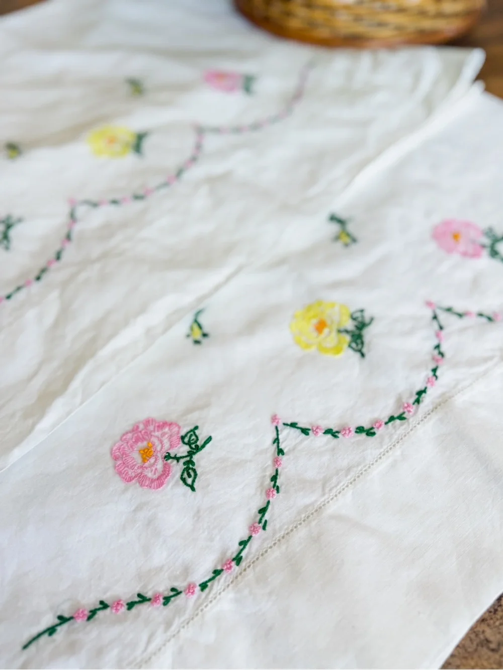 Hand Embroidered Floral Pillowcase Set with Pink and Yellow Blooms